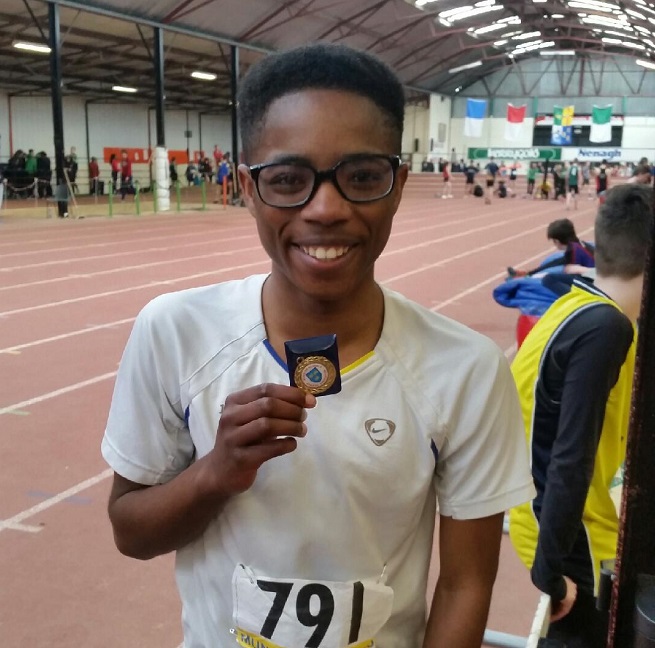 Gabriel Kehinde with his Munster Schools Indoor Games medal.