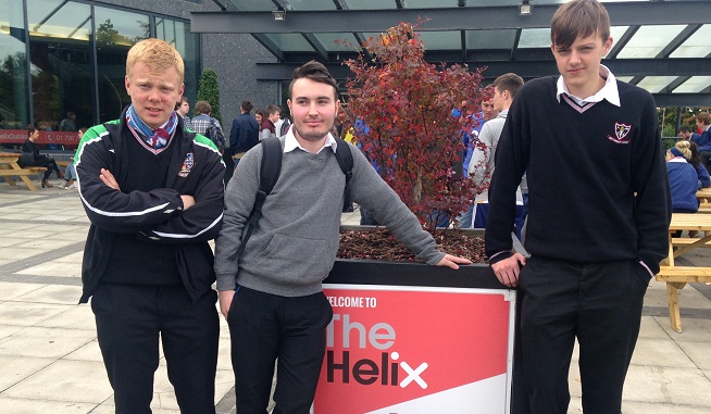 Students Bernard Donnelly, Keith Horgan and Lonan Hayes from Ennis Community College are pictured at The Helix Theatre in Dublin last week, when they attended a production of King Lear which is on the English Course for the Leaving Certificate in 2016.