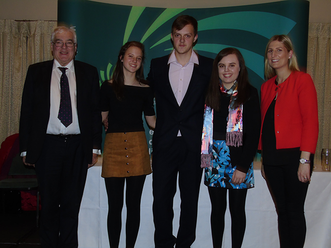 At the LCETB Awards 2016, from left: Mr George O'Callaghan, CEO LCETB; Aoibheann Ní Dhugáin, Gaelcholáiste an Chláir; Lonan Keane, Ennis Community College; Gráinne Ní Nualláin, Gaelcholáiste an Chláir; and Ms Yvonne Walsh, Vice Principal of Ennis Community College and Gaelcholáiste an Chláir. Aoibheann Ní Dhugáin and Lonan Keane were both awarded for their performance in the Leaving Certificate 2016, while Gráinne Ní Nualláin received a Merit Award for her contribution to sport in 2016.