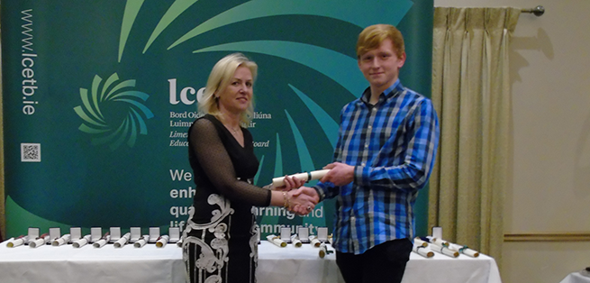 At the LCETB Awards 2016, from left: Councillor Ann Norton, Chairperson LCETB presents a Junior Certificate Award to Jakub Bajerski of Ennis Community College.