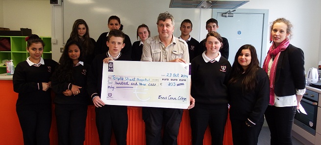 Students from the Leaving Certificate Applied class at Ennis Community College present a cheque for €203 to Mr David O’Connell who is raising funds for Temple Street Children’s University Hospital in Dublin. The money was raised by a Bake Sale held by the students. Also included is Ms Vivienne Hogan, Vice-Principal at the College.